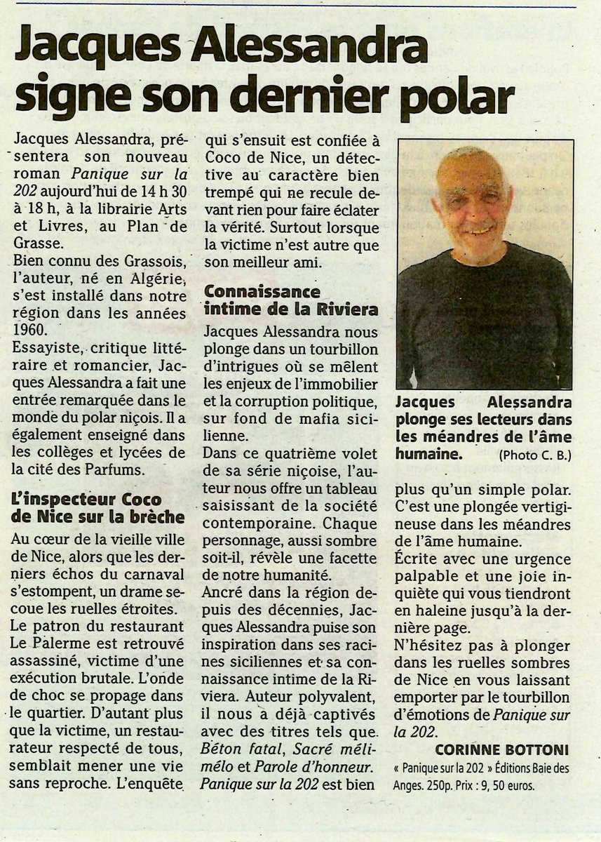 Lu et Vu dans @NiceMatinCagnes Jacques Alessandra 'Panique sur la 202' @bdaedit #Baiedesangeseditions #polarnicois #Nice06 #CotedAzurFrance #nicematin 👍📘🖊️