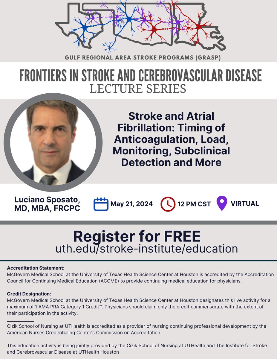 Caring for patients with stroke and cerebrovascular diseases? You are invited to 'Frontiers in Stroke and Cerebrovascular Diseases' a monthly CME/CNE approved lecture series. Register and learn more at uth.edu/stroke-institu…