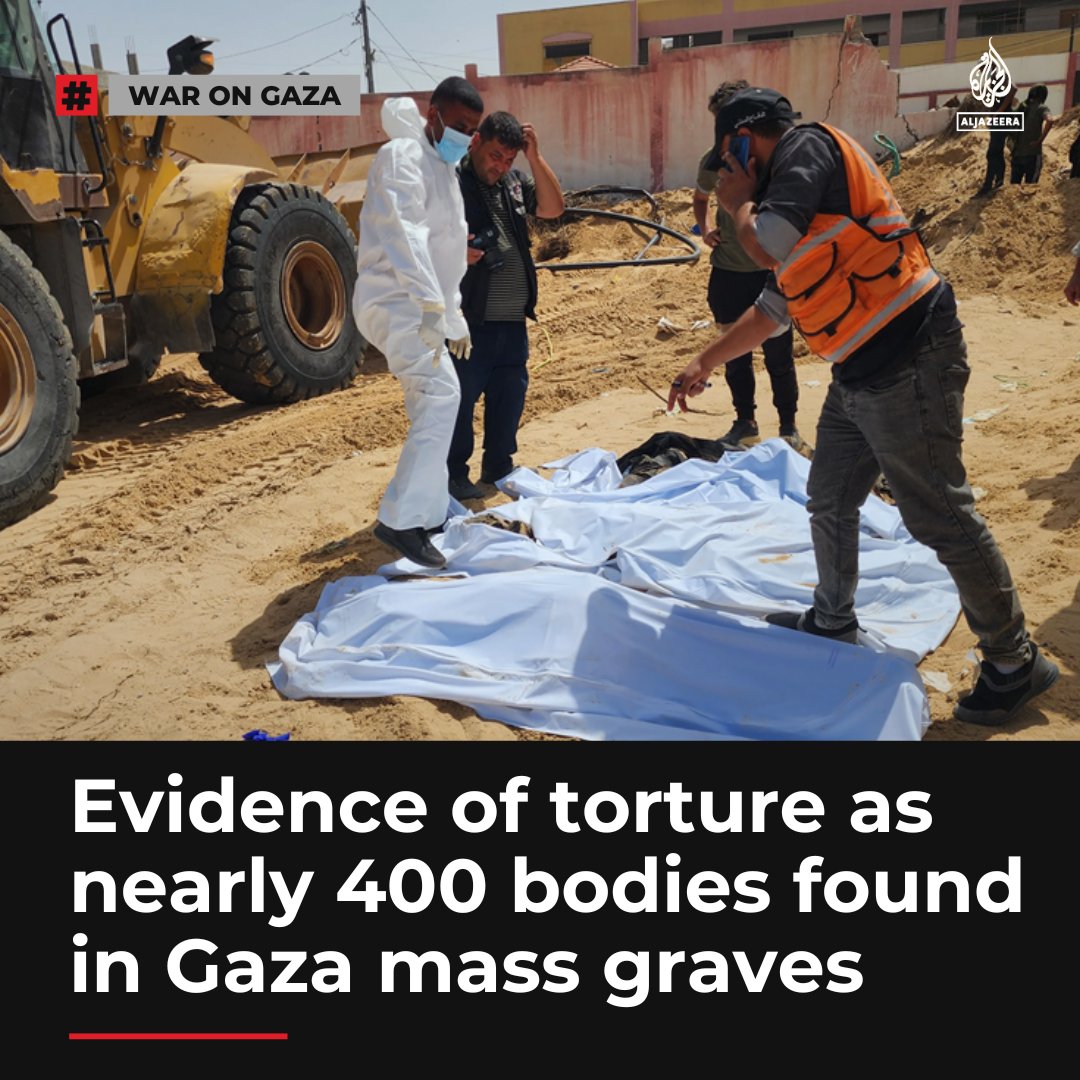 Mass graves found in two hospitals in the Gaza Strip containing 392 bodies, including those of women, children and the elderly, showed signs of torture and executions, say officials. Read more: aje.io/fefehm