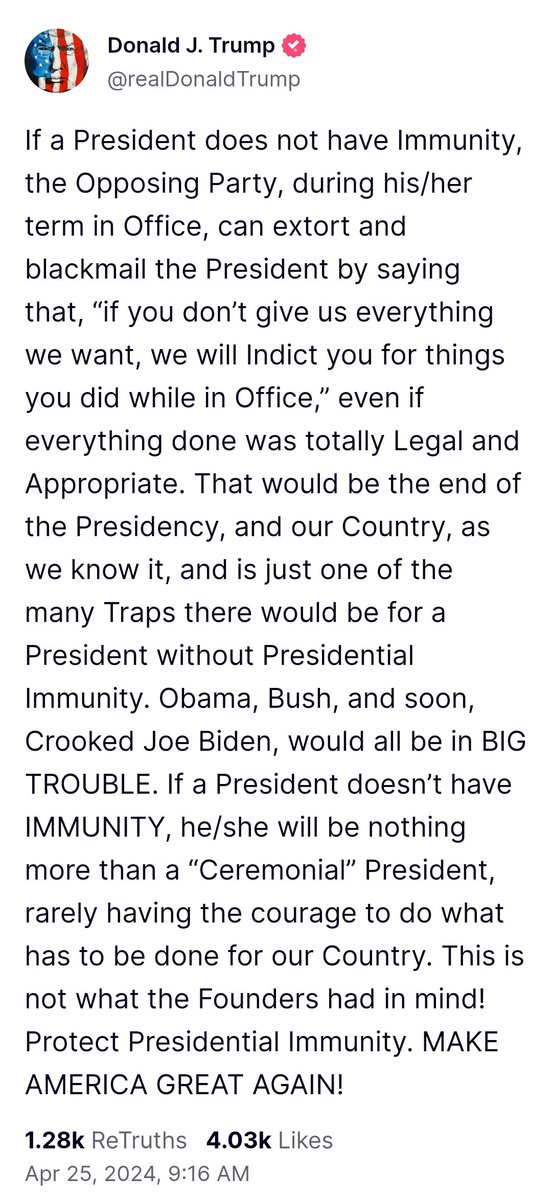I previously thought this Presidential Immunity case, if SCOTUS ruled against President Trump, would be yet another precedent being set to enable him to indict all former presidents once he's back in the WH. However, since Presidential Immunity applies only to OFFICIAL actions…