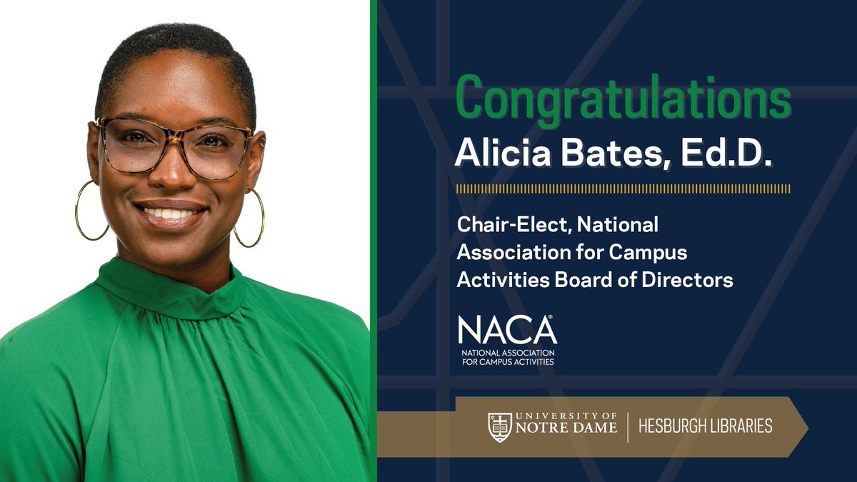Congratulations to Alicia Bates, Ed.D., for being elected to serve as chair of the National Association for Campus Activities (@THENACA) Board of Directors. Her term as chair-elect will begin May 1, 2024; her term as chair will begin May 2025. Read more: library.nd.edu/news/alicia-ba…