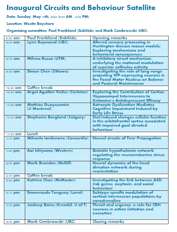 Franklandlab's tweet photo. An updated schedule for the Circuits &amp; Behaviour satellite at #CAN2024 (now including trainee talks). If you are interested in attending, you should register soon as we are fast approaching capacity. details here: 
https://t.co/MzUaONLFjN https://t.co/YK1LyYgGWT