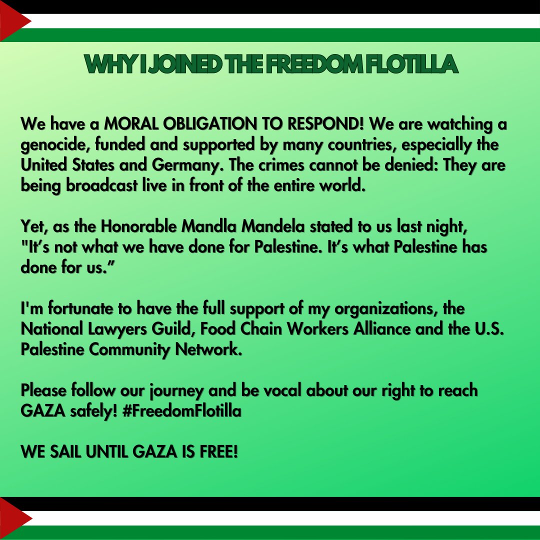 'The unwillingness or inability of the international community to end the genocide taking place in Gaza and to deliver adequate medical and food supplies to a population being deliberately starved into famine necessitates the Freedom Flotilla’s urgent voyage.' Please follow our