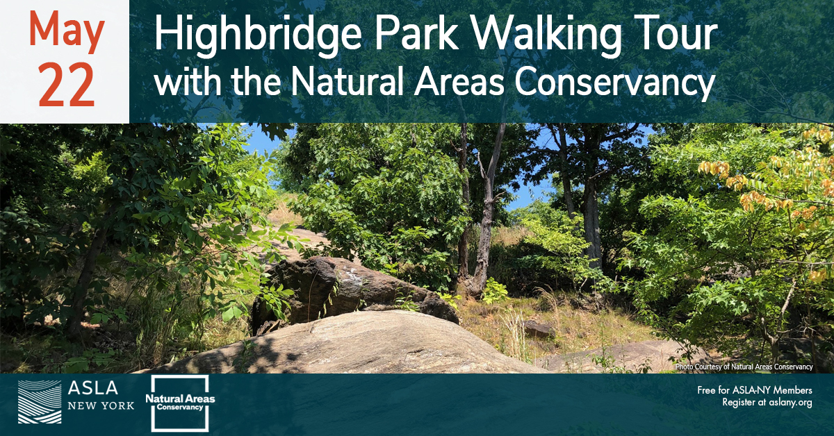 5/22/24 at 6:30pm 1.5 LACES CEUs Approved FREE for ASLA-NY Members Join ASLANY for a Highbridge Park Walking Tour with the Natural Areas Conservancy – Forest Management and Stewardship Planning in a Unique Urban Park. Info and registration: aslany.org/event/aslany-h…