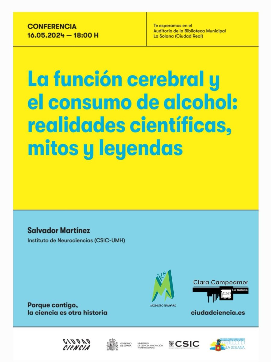 ESCUELA DE FAMILIAS organizada por @CiudadCiencia y el @ayto_lasolana en colaboración con los dos institutos solaneros. D. Salvador Martínez, científico del CSIC, hablará sobre la *función cerebral y el consumo de alcohol* .¡Os esperamos! 1️⃣6️⃣ mayo,18 h BIBLIOTECA MARIO VARGAS