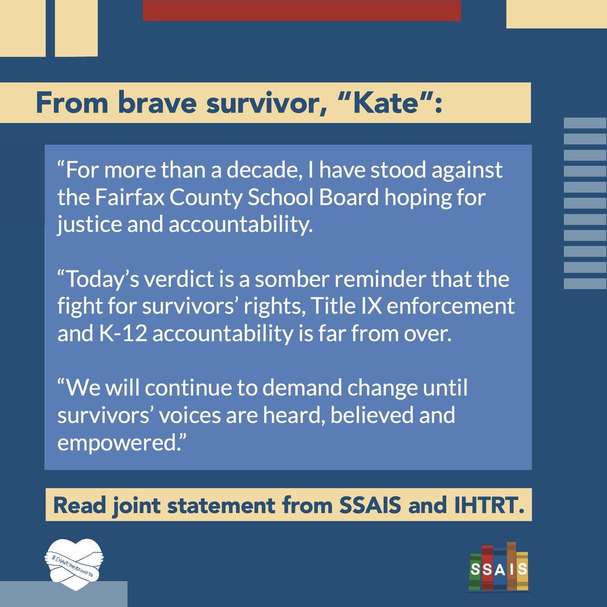 “Children should never have to sue to be believed,” says Karen Truszkowski, a Title IX lawyer and SSAIS Director. @fcpsnews lawyers mounted a disgraceful shaming campaign against the survivor who reported. Read our joint statement with @IHTRT01 at tinyurl.com/5bn53ft3.