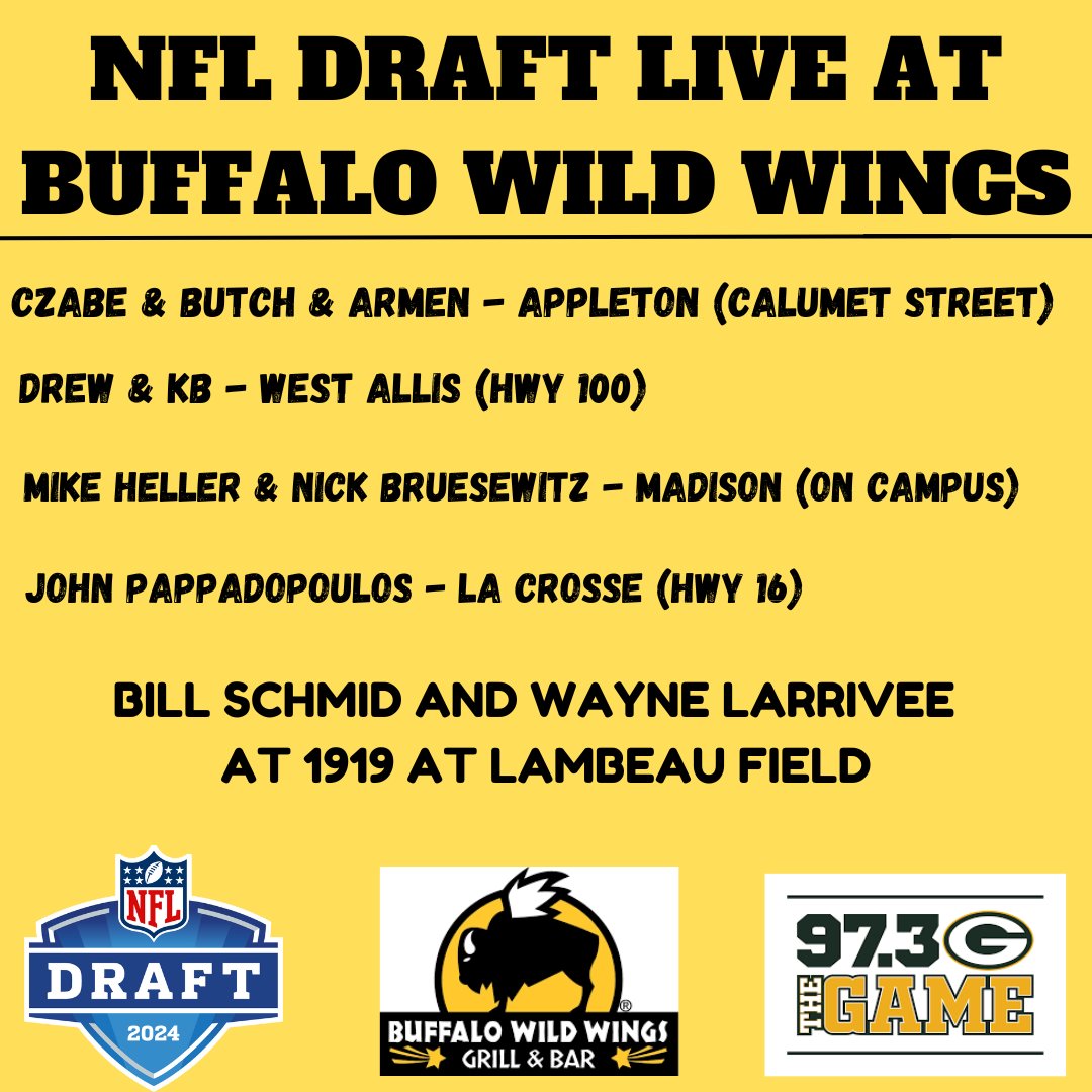 We will be all over the state tonight at your local @BWWings bringing you LIVE reaction to the NFL Draft! Coverage begins at 6pm!