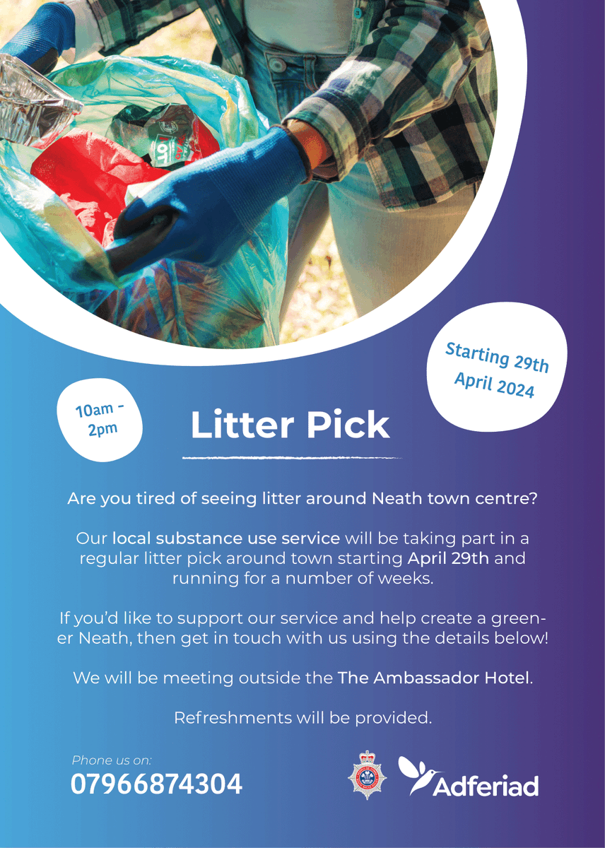 Join us in Neath town centre on Monday for the first of our litter picks! 🗑♻️ ⏰ 10am - 2pm 📍 The Ambassador Hotel