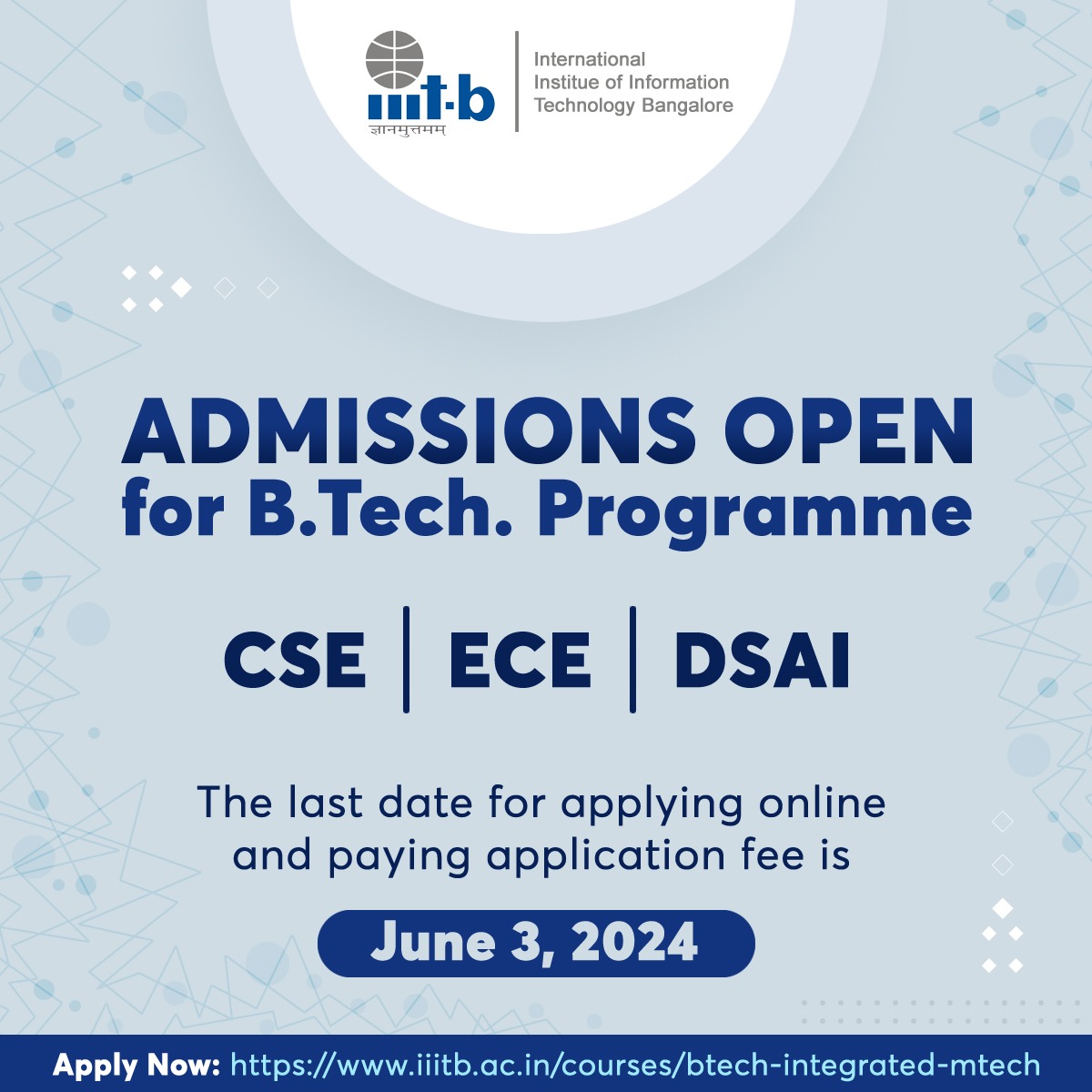 #AdmissionsOpen for the B.Tech. programme Apply Now: iiitb.ac.in/courses/btech-… #IIITB #IIITBangalore #AdmissionsOpen