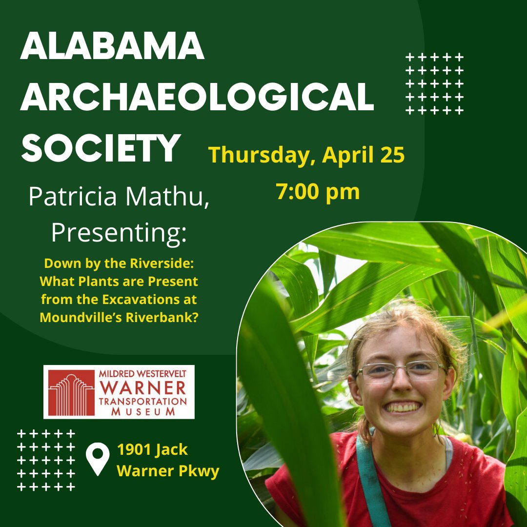 MWWTM's tweet photo. Tonight: Patricia Mathu of @BamaAnthro will be presenting at the #Tuscaloosa Chapter of the Alabama Archaeological Society meeting at the Mildred Westervelt Warner Transportation Museum at 7:00 pm. The meeting is free and open to the public so feel free to bring a friend! https://t.co/yFyE4ulkfm