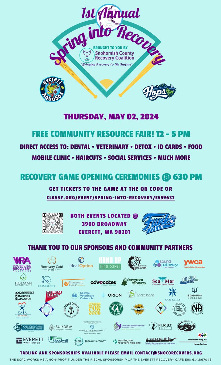 One week away! Join the Snohomish County Recovery Coalition for “Spring into Recovery.” There will be a community resource fair, great food, and of course, a baseball game! The resource fair starts at 12 p.m., and the opening ceremonies are at 6:30 p.m. classy.org/event/spring-i…