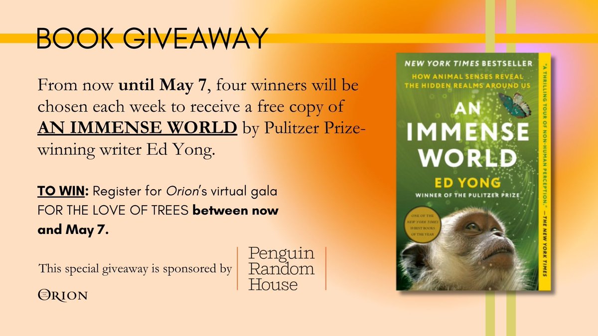 In celebration of our upcoming gala FOR THE LOVE OF TREES, we're hosting a giveaway of Pulitzer Prize-winning journalist Ed Yong's book AN IMMENSE WORLD alongside our friends over at @penguinrandom. Enter to win by registering at the link below! buff.ly/3JAR408
