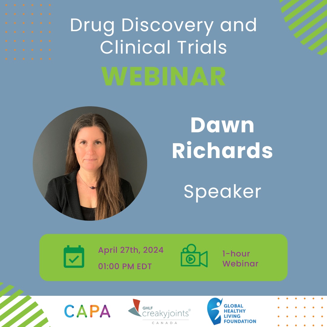Join us & @CAPA_Arthritis to learn the basics of clinical trials in Canada in a 1 hr webinar with Dawn Richards @TO_dpr, PhD, Director of Patient and Public Engagement at @clinicaltrialON! This Sat, Apr 27 at 1pm ET. #clincialtrials Register here: us02web.zoom.us/meeting/regist…