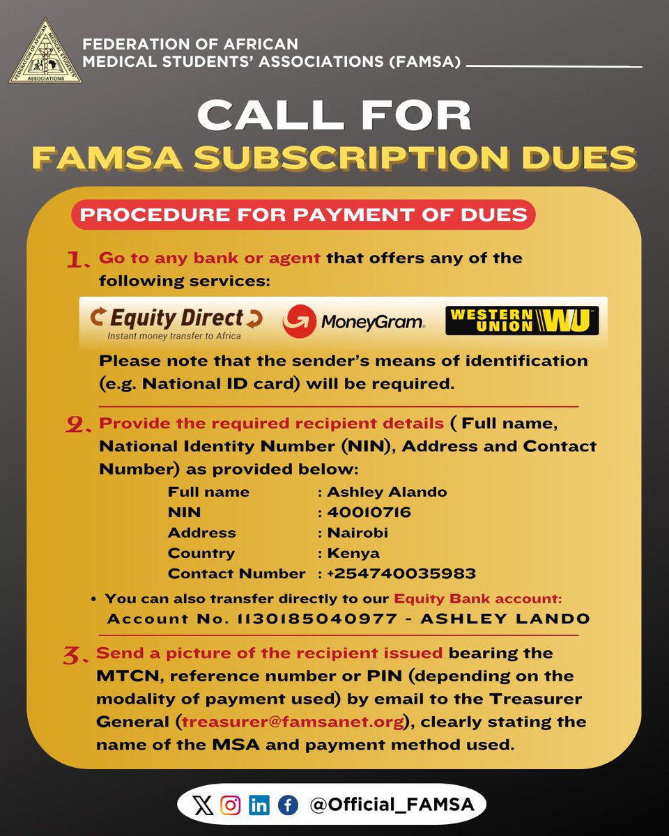 official_famsa's tweet photo. Dear Afro Medics,
As we continue our journey in advancing FAMSA's mission across Africa, we extend a warm invitation to all Medical Students Associations(MSAs) to fulfill their obligation for the annual FAMSA subscription of 2024. https://t.co/8zgACVhHez