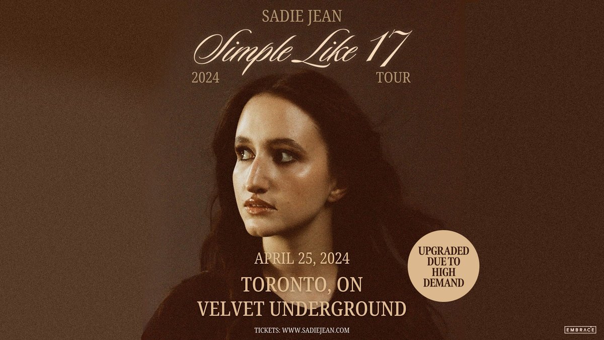 TONIGHT: Upcoming singer-songwriter Sadie Jean takes over a sold-out Velvet Underground. Set times below: 7:00pm - Doors 8:00pm - Jake Minch 8:50pm - Sadie Jean **All set times are subject to change.