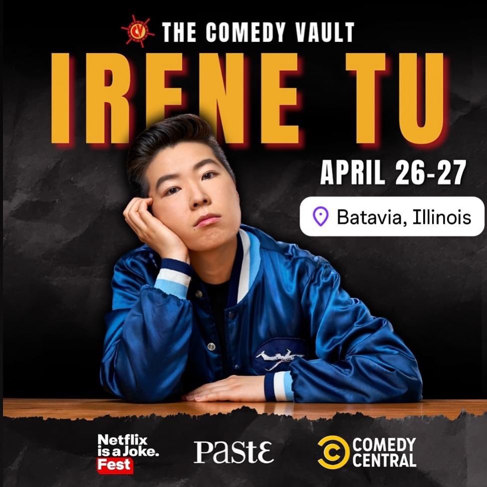Chicago suburbs! I’ll be in Batavia this weekend April 26-27 @comedy_vault 🎟️ irenetu.com