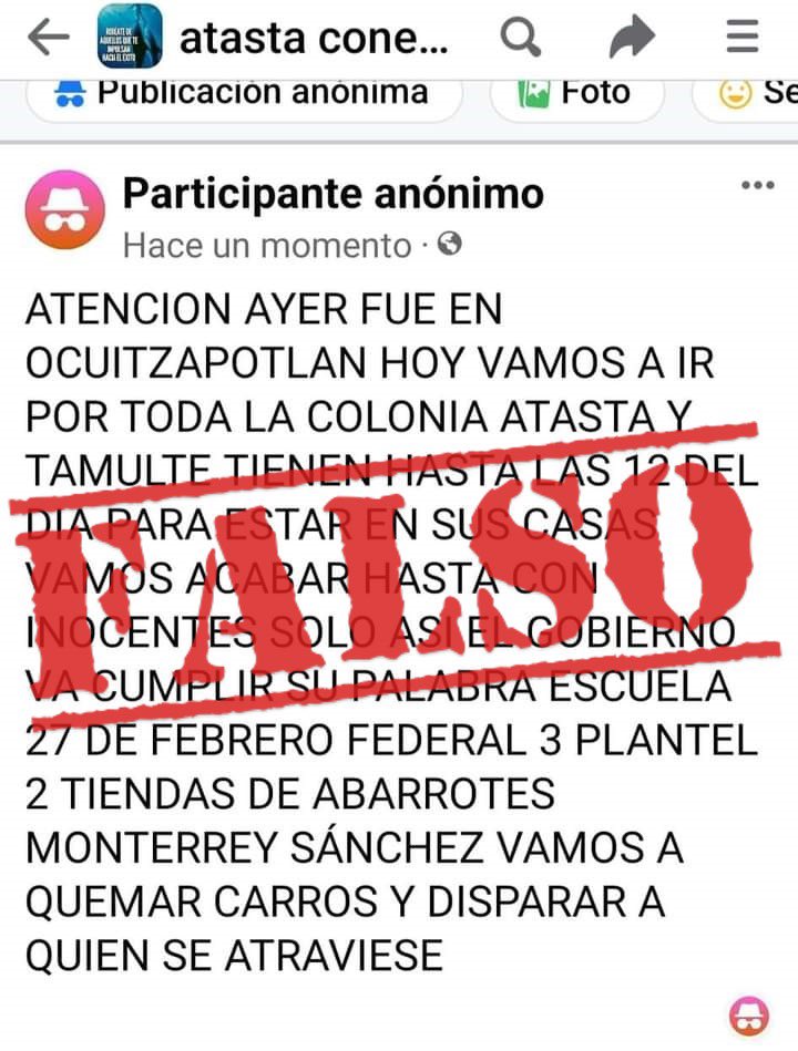 ‼️ALERTA‼️ Como parte de su campaña para generar confusión, miedo y zozobra en la población tabasqueña, el mismo usuario que ha estado publicando noticias falsas en grupos de Facebook  publica otra NOTICIA FALSA. Ante rumores ¡NO TE ALARMES E INFÓRMATE! Evita el pánico.
