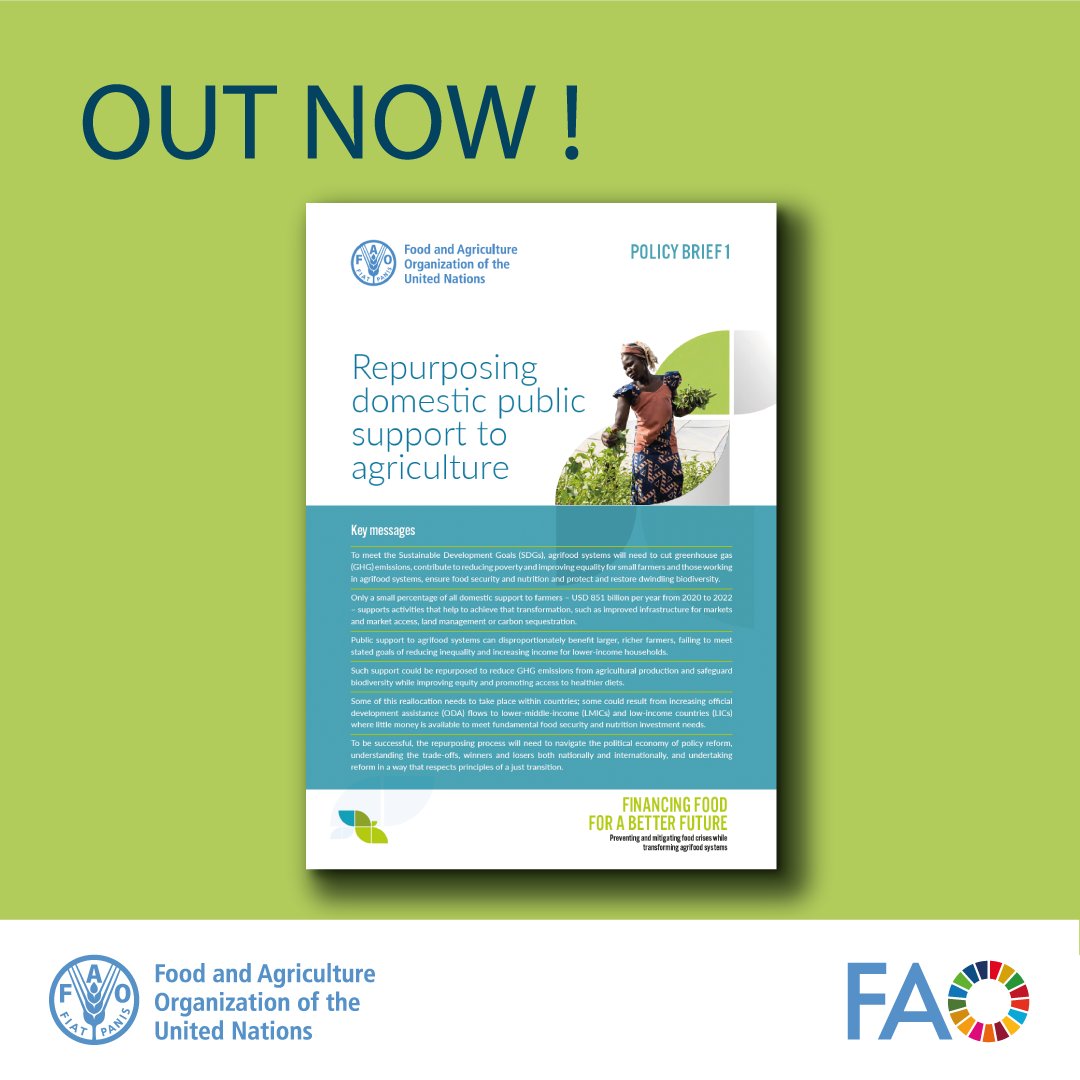 Out Now ❗ @FAO's Policy Brief on Repurposing domestic public support to agriculture. We need to leverage domestic resources & effectively reallocate subsidies to address food crises & transform agrifood systems. 👉 Full brief: bit.ly/3UwORcx #FfDForum #Fin4Dev