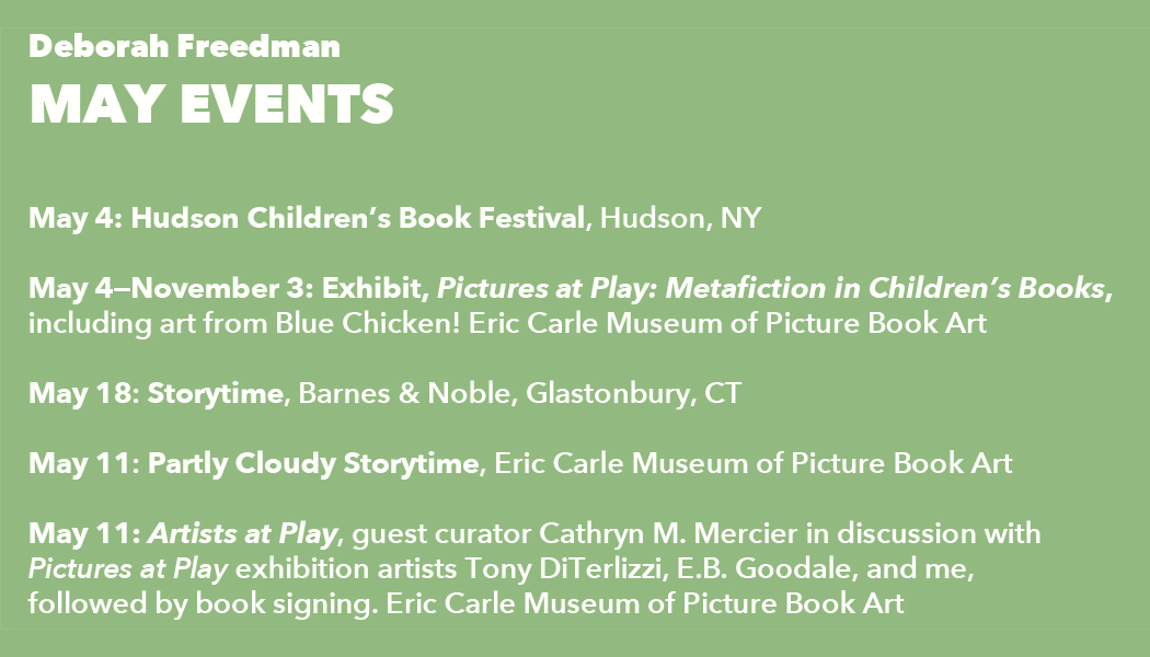 I'm so excited about all of the events I have coming up in May. I'd be tickled to see you at one of them? Links here: deborahfreedman.net/events @HudsonCBF @carlemuseum @BNBuzz @penguinkids @PenguinClass