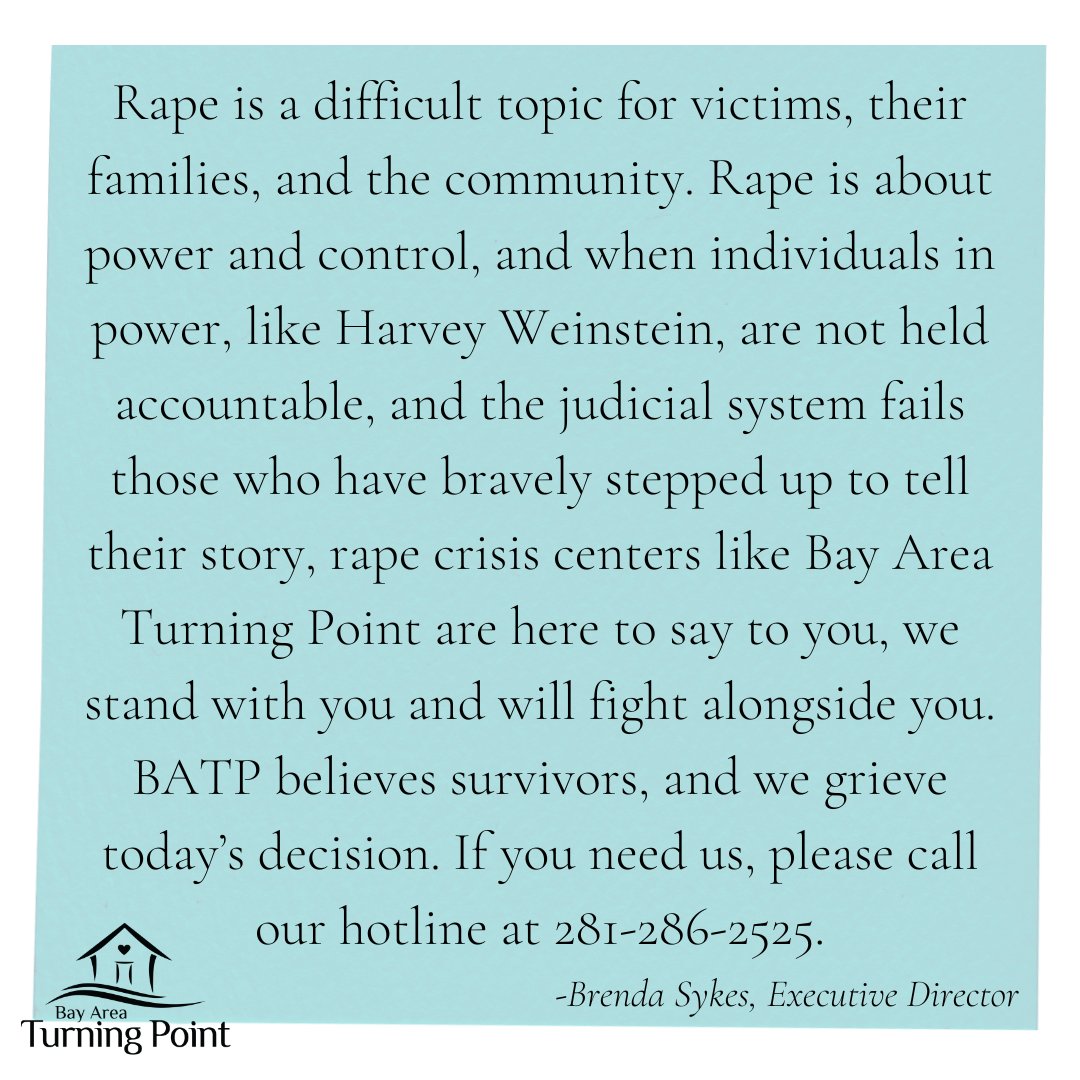 A statement from our Executive Director, Brenda Sykes, about this morning's news on Harvey Weinstein's case in New York.

#BATPTX #BayAreaTurningPoint #SexualAssaultAwarenessMonth #HarveyWeinstein #SexualAssault #24HourHotline