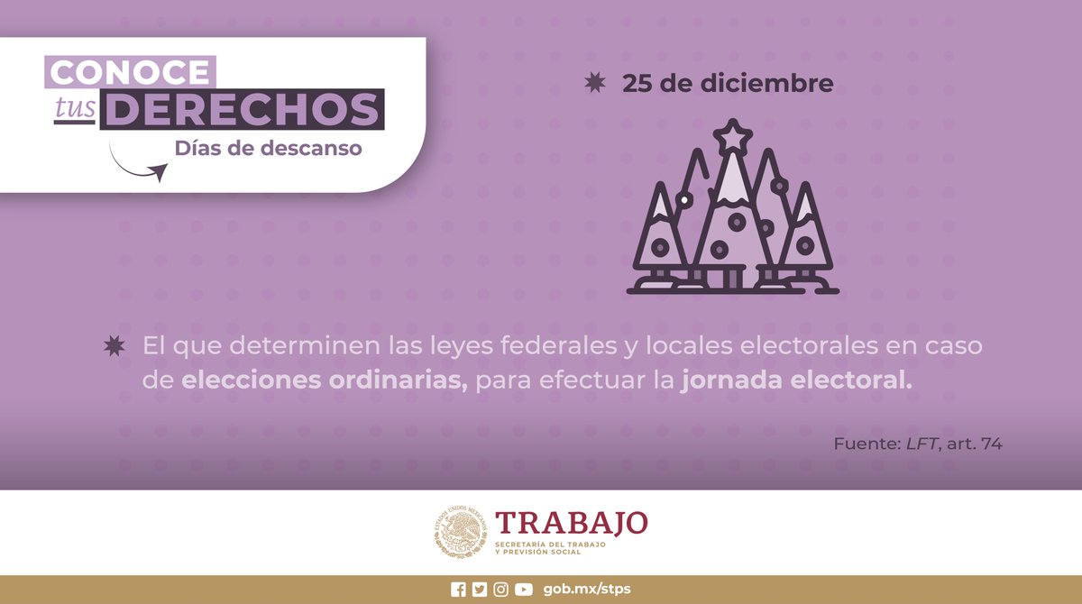 🔵 La #LeyFederalDelTrabajo 📜 contempla varios días de #DescansoObligatorio, ¿sabes cuáles son?📆😌

¡Toma nota!  😃📝

#ConoceTusDerechos
#LasLeyesTeRespaldan