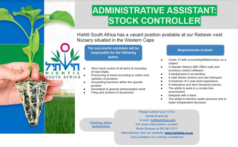 Riebeek West Nursery - Western Cape Admin Assistant - Stock Controller Send your CV still today to hr@hishtilsa.com 🌱