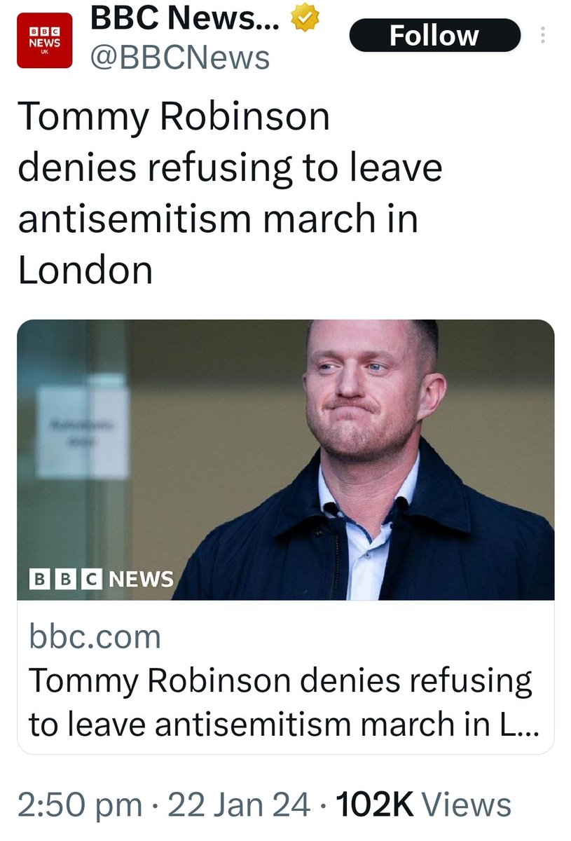 Tweets on the @bbcnews account that never had a follow up post.. 1. May 21...Coroner to rule on AZ covid vaccine involvement in Lisa Shaw's death 2. June 22...Farage loses court case to Cadwalladr. 3. Jan 24...Tommy Robinson charged after antisemitism march Any ideas why?