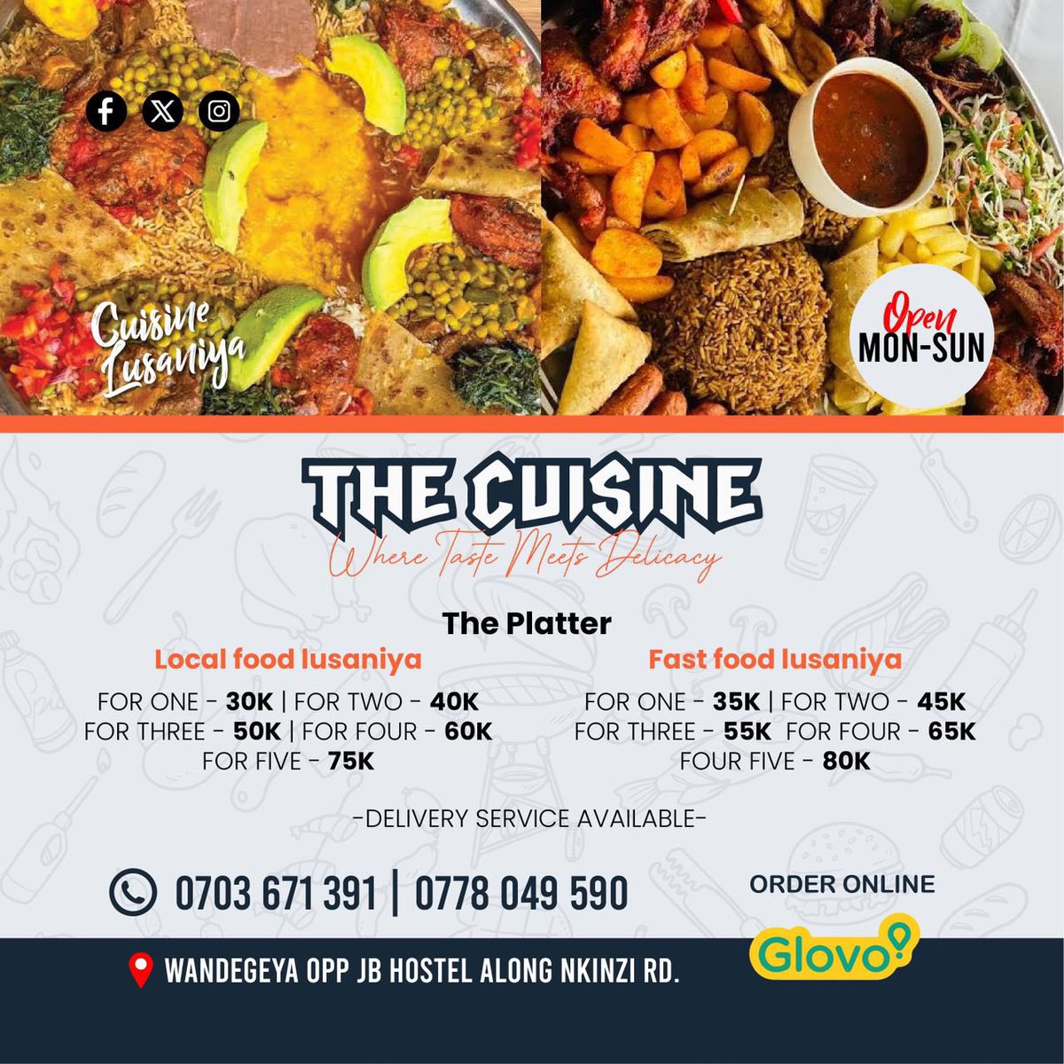 treat your boys to a lusaniya from #TheCuisineWandegeya you can go for either local or fast foods lusaniya. Open from Monday to Sunday!