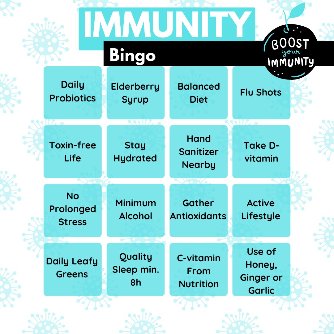 🎲🛡️ Immunity Bingo! 🛡️🎲
Tick off your immune-boosting actions and win the health game! 🏆
 #ImmunityBingo #StayHealthy #BoostYourImmunity #HealthGame #ImmuneSystem #WellnessJourney #HealthyHabits #StrongerTogether #StayProtected