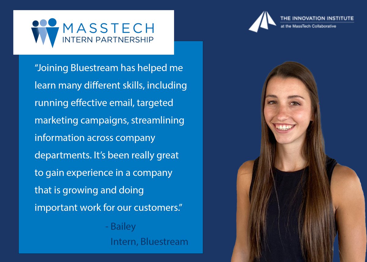 MTIP helps drive #innovation in MA's tech sector. Stipends enable companies to hire students, providing them real-world #digitaltechnology experience. Read Bailey's experience interning for @blustreamio. Apply: innovation.masstech.org/intern #WorkforceDevelopment #InternshipProgram