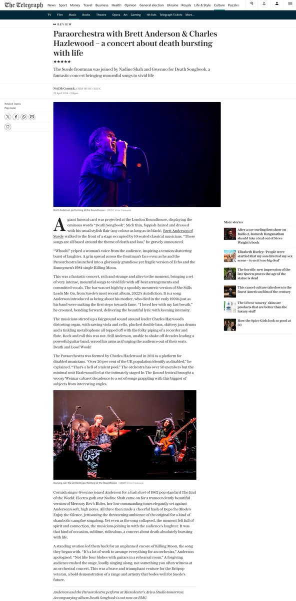 The reviews are in for @Paraorchestra's show at Roundhouse last night, with @BrettAndersonHQ, thanks to @thetimes and @Telegraph. 'Killer set of symphonic death tunes' 'A life-affirming night to die for.' 'A concert about death absolutely bursting with life'