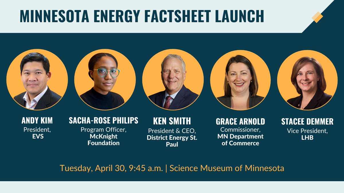 Only 5⃣ days left until the Minnesota Energy Factsheet is revealed to the world! Attend our launch event with @BCSECleanEnergy at the @ScienceMuseumMN to hear from these incredible experts about the status of #CleanEnergy in Minnesota. Register for free: cleanenergyeconomymn.org/events/2024-mi…