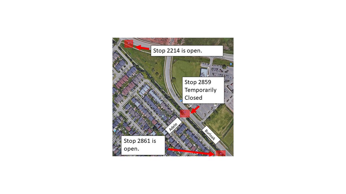Attention Route 14A Customers Stop 2859 on the west side of Burloak, north of Adele will be temporarily closed starting on Saturday, April 27th. The two closest stops are shown in the map below.