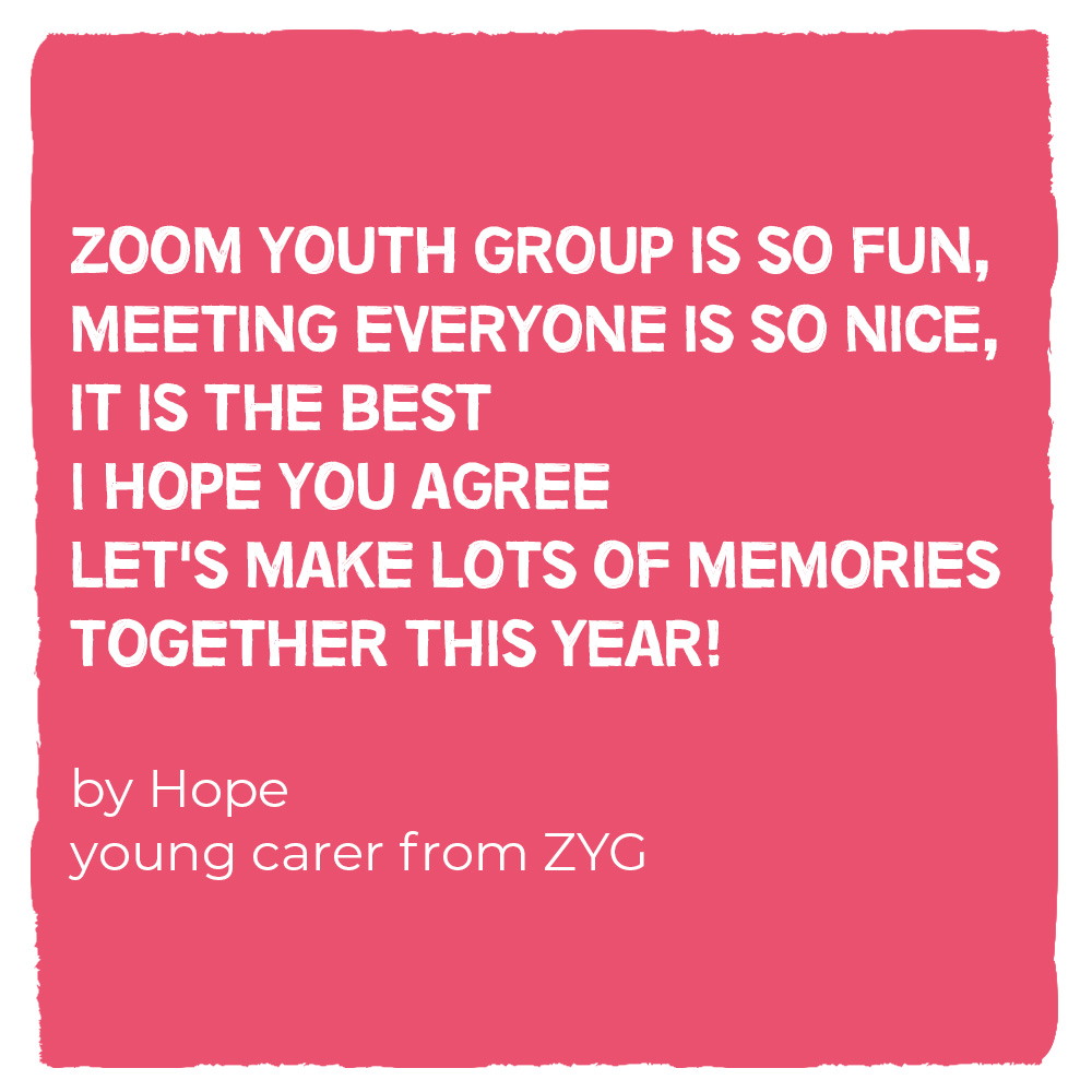 The past two weeks have been buzzing with creativity and connection in our Zoom youth group! Young carers from around the county joined us for some inspiring activities that gave them a chance to express themselves and take a well-deserved break from their daily responsibilities!