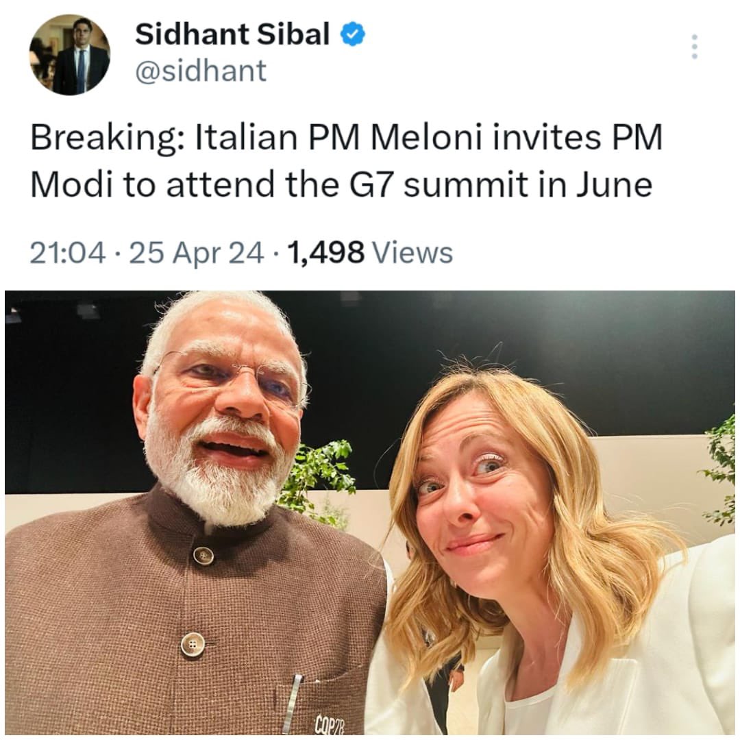 Giorgia Meloni has invited PM Modi for the G7 Summit, which is scheduled in June after the 2024 elections, indicating her confidence in AAYEGA TO MODI HI 😎🔥