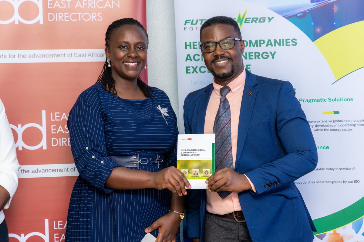Exclusive #ESG training for Directors. @van_ssemanda, awards certificate of completion to Ms Elizabeth Kasenene rumanyika @UEDCLTD's Board member at @SheratonKampala together with SC @PheonaWall the CEO of the @LEAD_EA