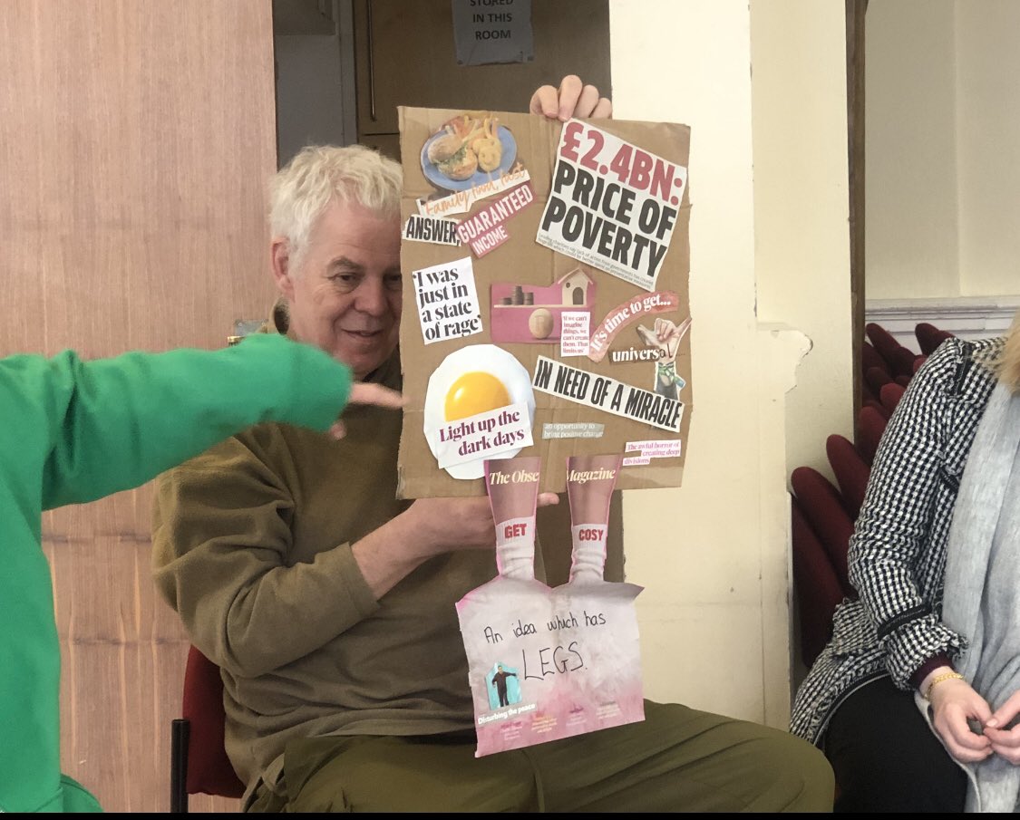 Another good day with the @povertytruthnet and @CarnegieUKTrust talking about poverty and wellbeing. Here’s @MartinAtTheEdge holding a beautifully designed placard calling for change! Thank you to a great group for some rich and thought provoking discussions.