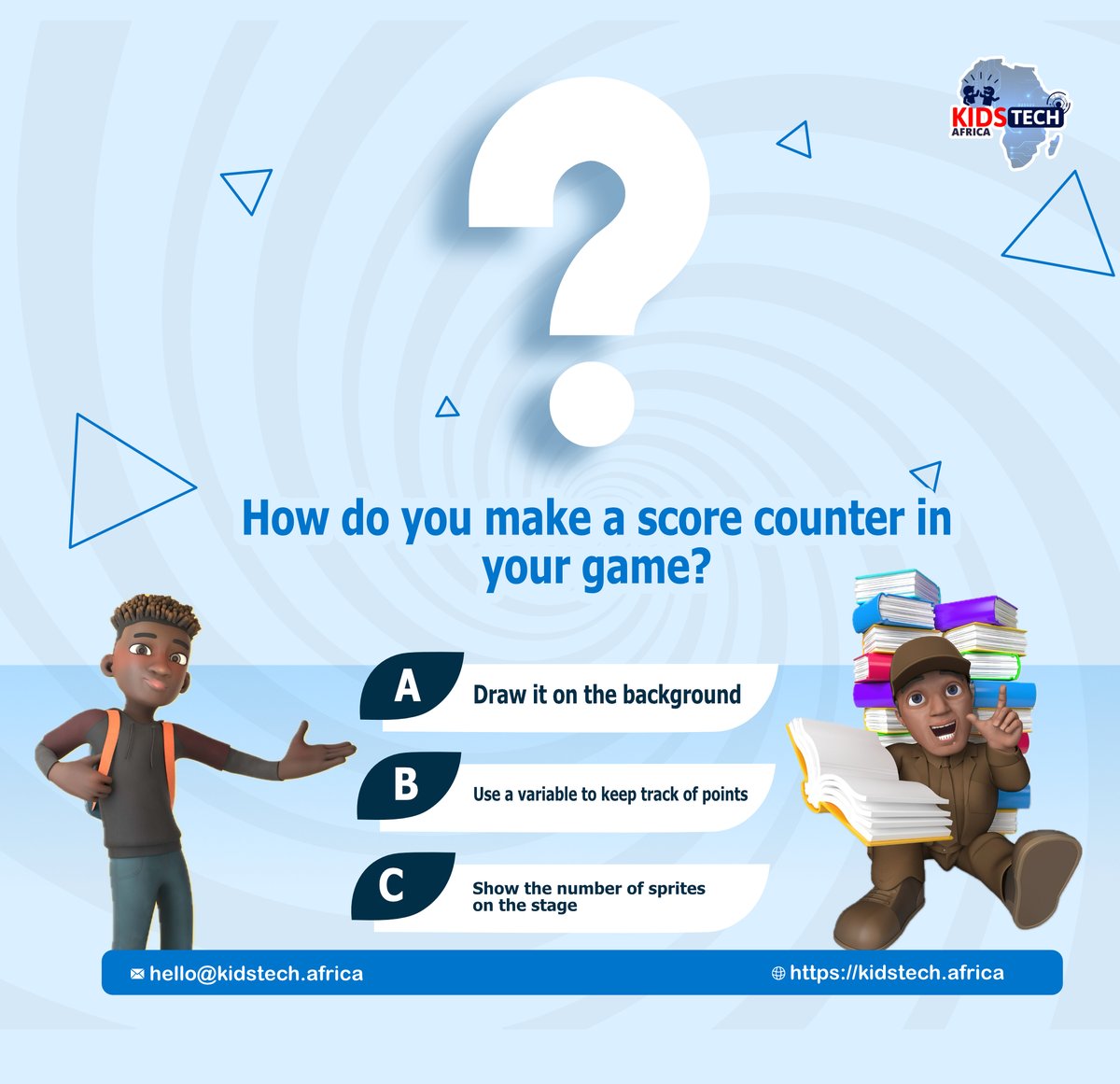 Here's another episode of our Thursday trivia🙂😄

How do you make a score counter in your scratch game?

who's going first???💪🔥
#viralvideo #thursdaytrivia #kidstechafrica
