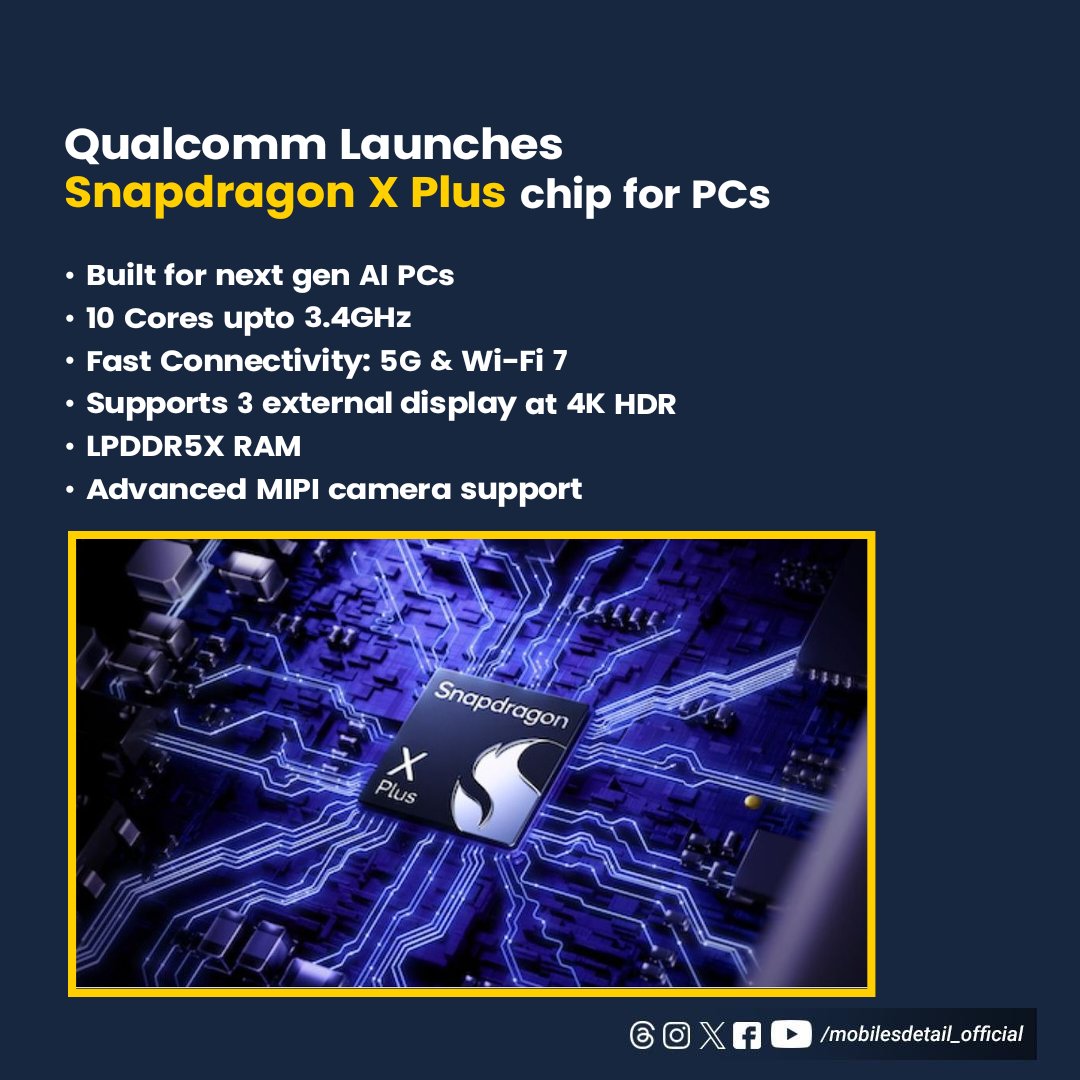 Qualcomm Snapdragon X Plus with 10-Core Oryon CPU Goes Official

#Qualcomm #Snapdragon #SnapdragonXPlus #New #Newlaunch #Tech