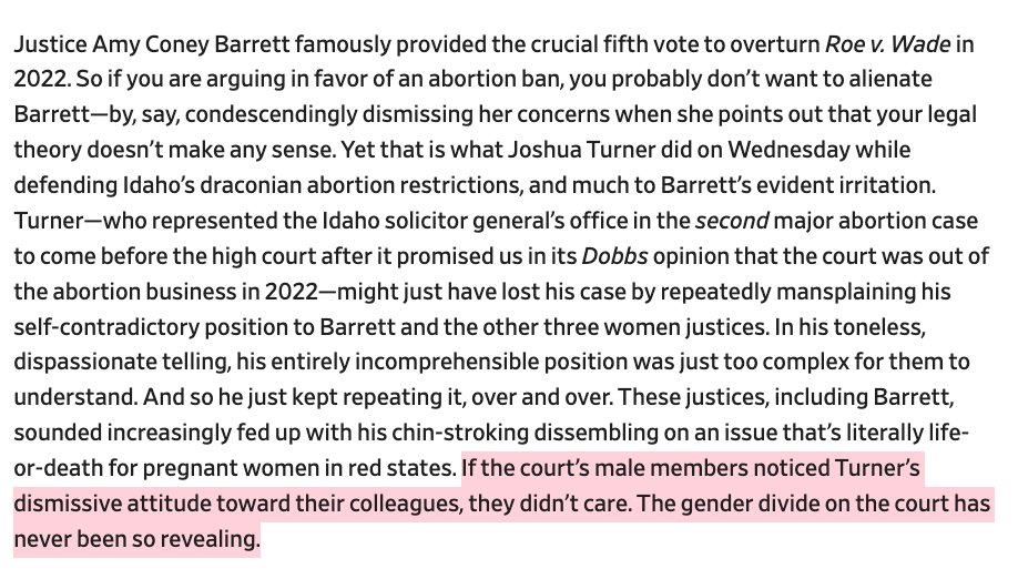 The gender divide on the Supreme Court took center stage during yesterday's oral arguments over whether states can criminalize emergency abortion care. From @mjs_DC & @Dahlialithwick: