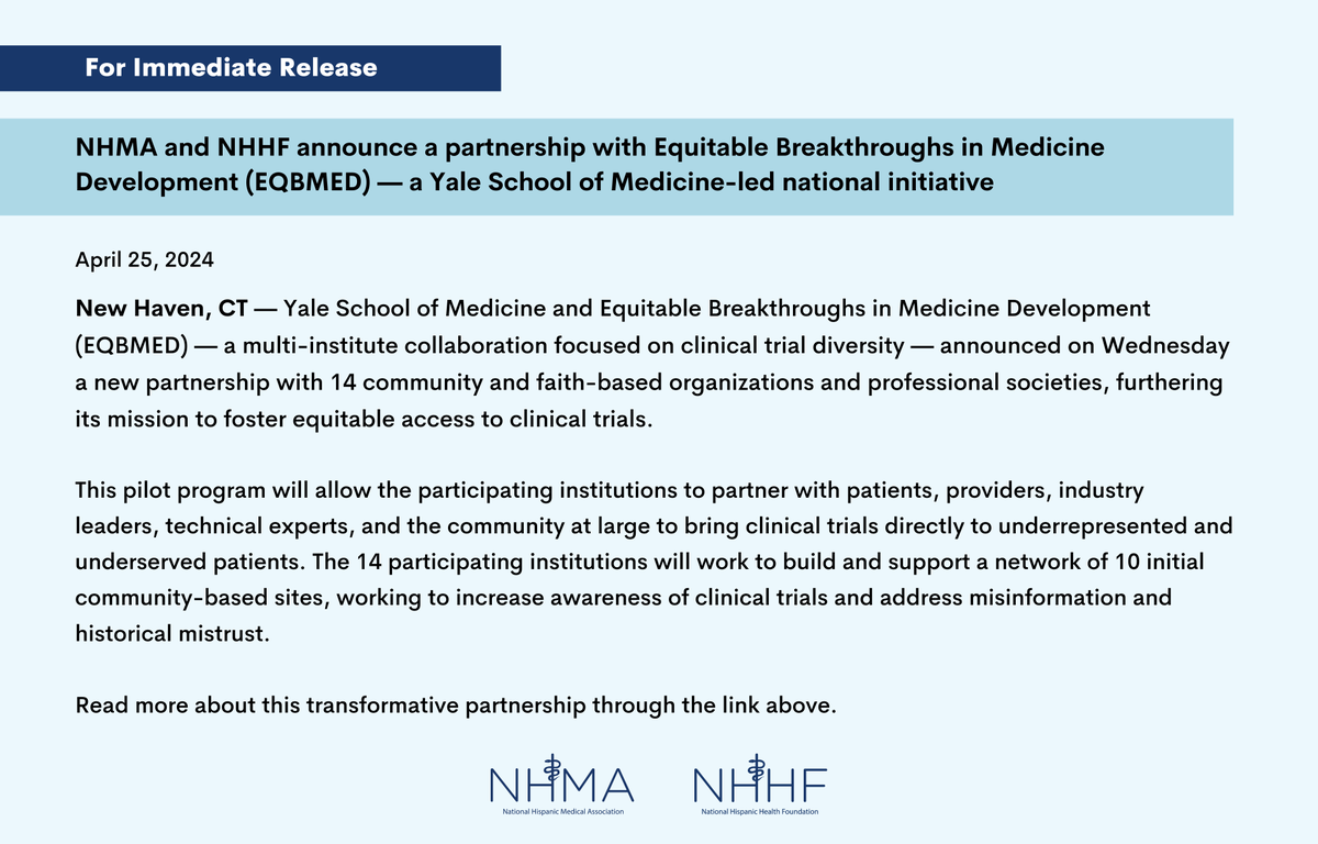 NHHF is proud to announce a partnership with @EQBMED_ (Equitable Breakthroughs in Medicine Development), a pilot program led by @YaleMed that seeks to increase diversity in clinical trials while reducing misinformation and historical mistrust. Read more: bit.ly/3y1RB8P