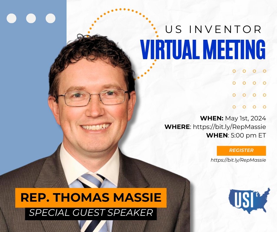 🌟 Join us for an Exclusive Virtual Meeting with Rep. Thomas Massie! 🌟

📅 Date: Wednesday, May 1st, 2024
⏰ Time: 5:00 pm ET

Secure your spot now by registering at us02web.zoom.us/webinar/regist…

#Innovation #Entrepreneurship #USInventor #VirtualEvent #Congress #USPTO #RepMassie