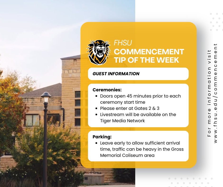 Hey Graduates! Make sure to share this information about commencement with your guests! 🎓 The commencement schedule, maps, directions, links to accommodations in Hays, and general information can be found at hubs.ly/Q02tHTR80.