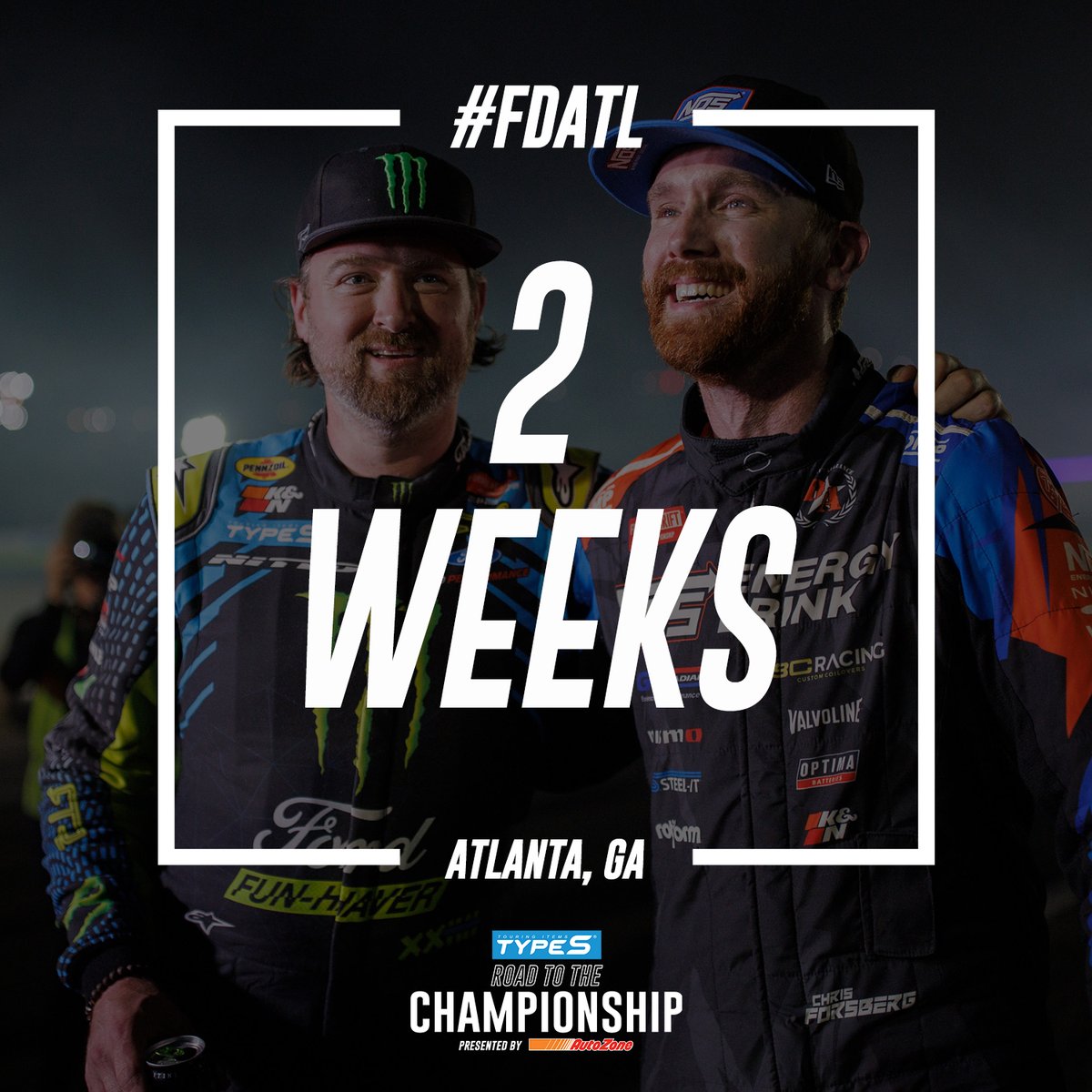 2 weeks until RD 2. ✌ The 2024 Championship battle continues at Road Atlanta on May 9 - 11. #FormulaD #FormulaDRIFT #FDATL