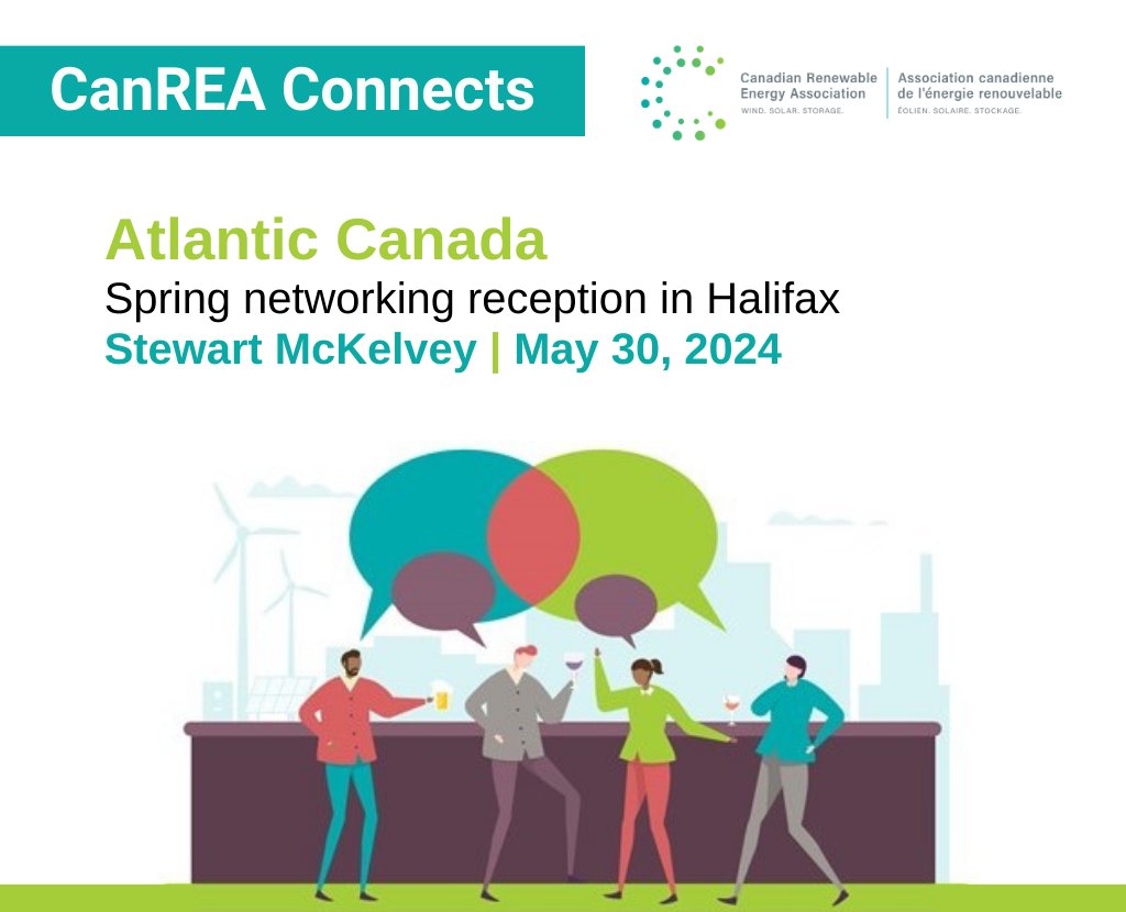 CanREA Connects: Join us in #Halifax May 30 to celebrate new opportunities for #windenergy, #solarenergy and #energystorage in Atlantic Canada! Click here for event information. ow.ly/1VcC50QYanA