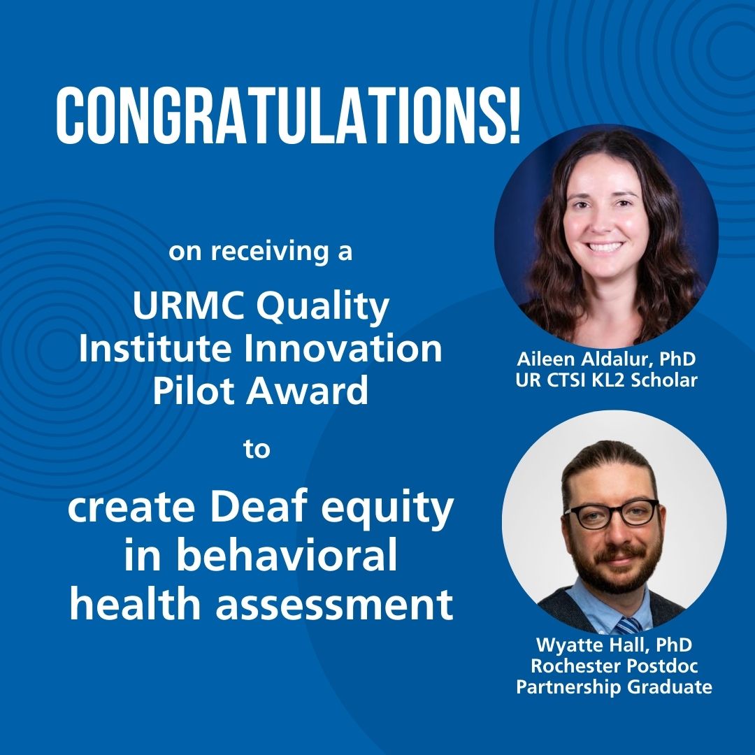 Deaf people have high rates of behavioral health issues but often don't receive treatment. With this grant, @AileenAldalur & @wyattehall will develop an ASL behavioral health assessment toolkit to make screening more accessible to Deaf patients. Congrats! #URochesterResearch