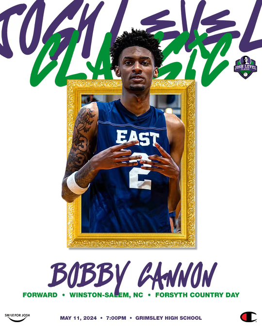 The 2024 Josh Level Classic will feature Bobby Cannon!

Bobby recently reopened his recruitment and is one of the most sought after 2024s available!

Come check him out on May 11th At Grimsley High School! 💜💚
