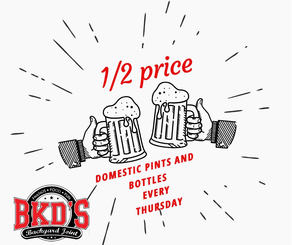 The week is almost over! Every Thursday here at BKDs, we have 1/2 price, ice cold domestic draft pints and bottles!

#BKDsChandler #chandler #gilbert #coldbeers #halfprice #goodtimes