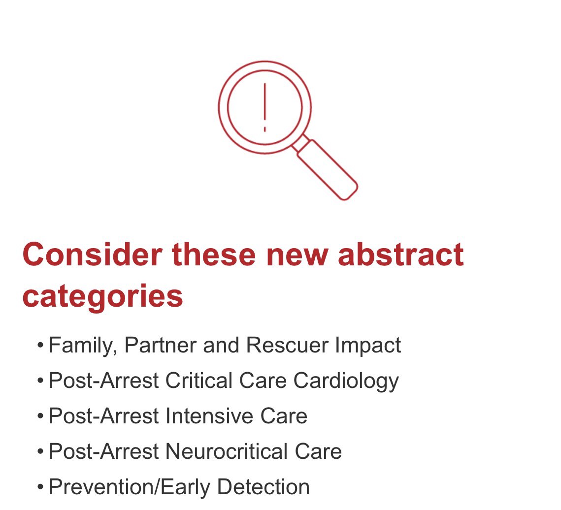 Take a look at the NEW abstract categories at #ReSS24. Even more ways to highlight your resuscitation science! Important submission deadline: June 6 2024 🗓️ See you in Chicago 💨 🏙️ @Dezfulian_CCM @BenjaminAbella @NickJohnsonMD @DraCoquiMD @DrSamanthaF @comilla_s