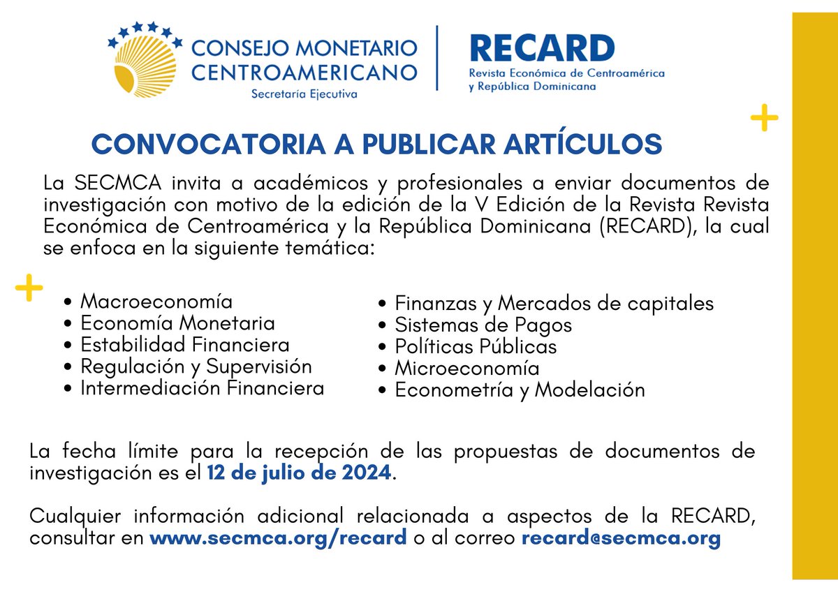 secmca's tweet photo. #EconomíaCentroamericana #EconomíaDominicana
La SECMCA invita al público a presentar propuestas de documentos de investigación de temas relacionados con macroeconomía en la CARD. Más información en https://t.co/ZgrV5fNyKX
➡️Consultar en: https://t.co/T3BGyjL8wU https://t.co/sVA0X2mEZ0